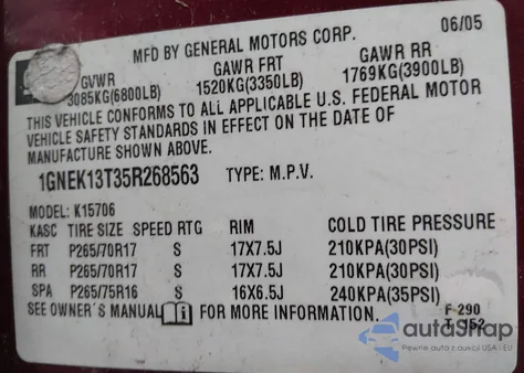 2005 Chevrolet Tahoe Z71 из США, поврежденный, VIN 1GNEK13T35R268563